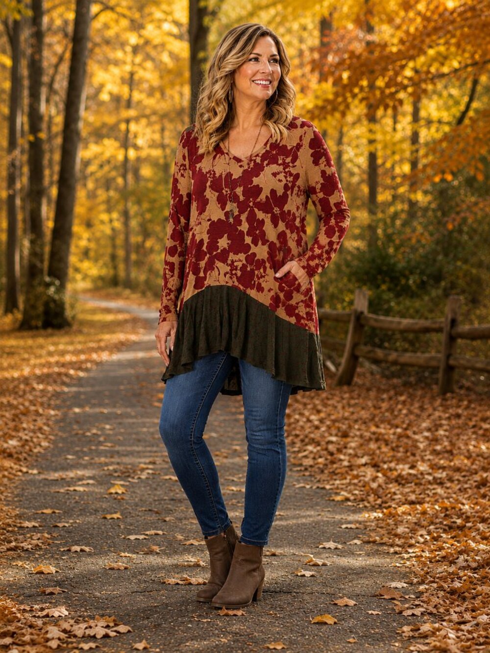 LOGO by Lori Goldstein Lg Slve V-Neck Dark Tan w/Red Florals & Brown Hem Tunic L